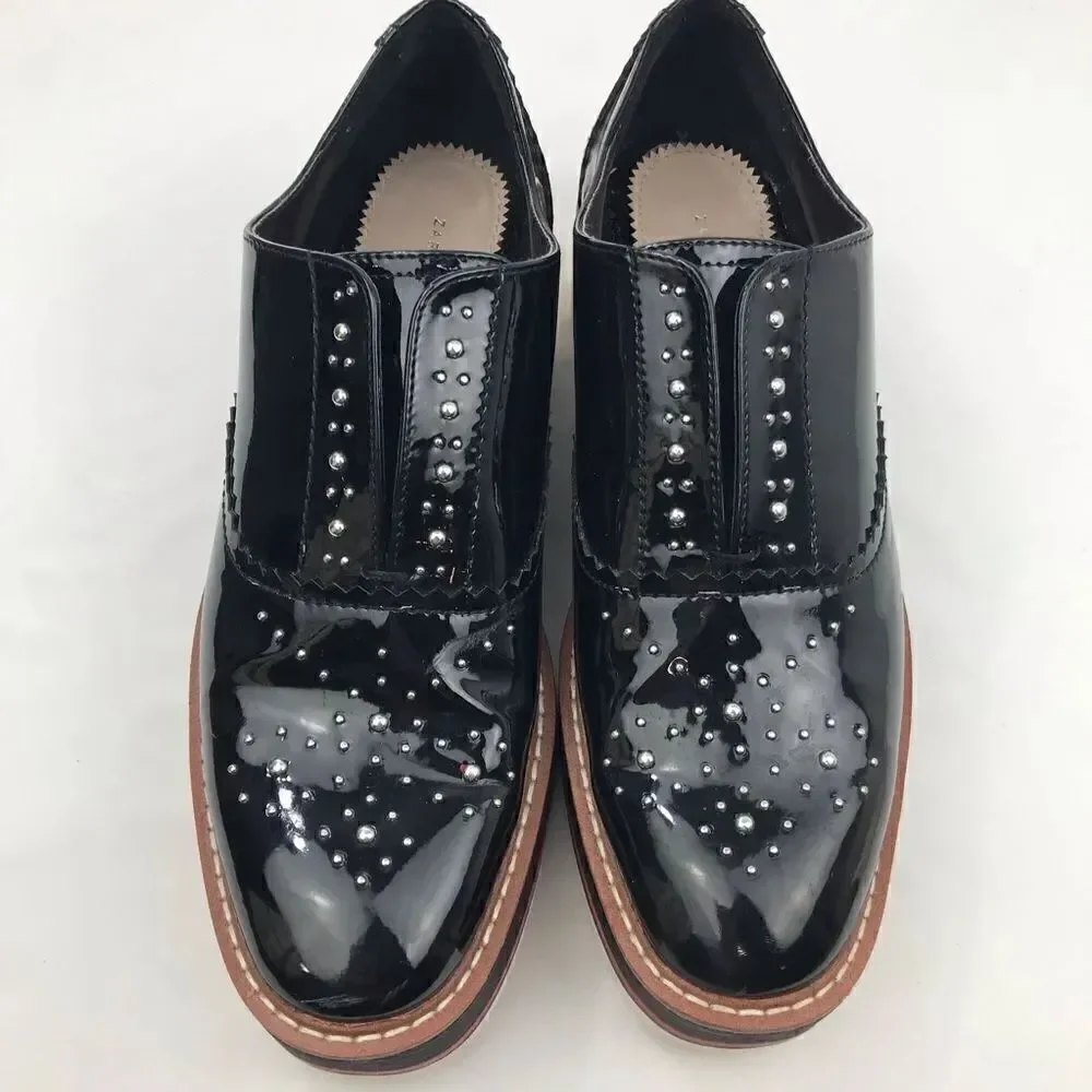 Zara Woman Black Patent Leather Silver Studded Platform Oxford Sneakers